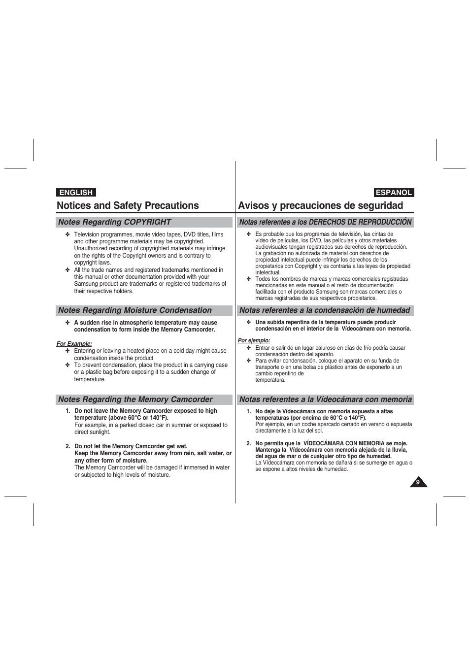 Notices and safety precautions, Avisos y precauciones de seguridad | Samsung VP-MM11S User Manual | Page 10 / 139