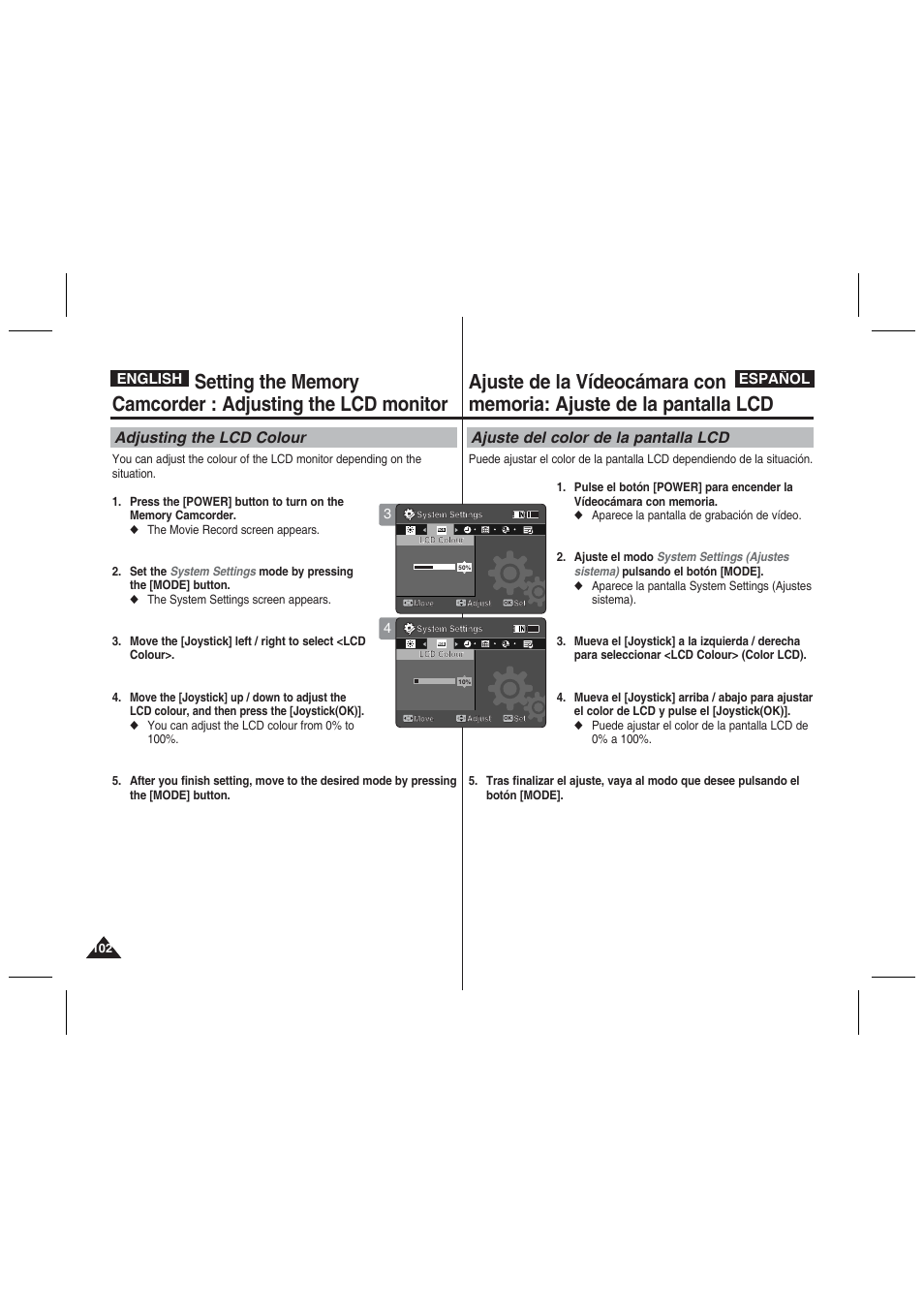 Adjusting the lcd colour, Ajuste del color de la pantalla lcd, English español | Samsung VP-MM11S User Manual | Page 103 / 139