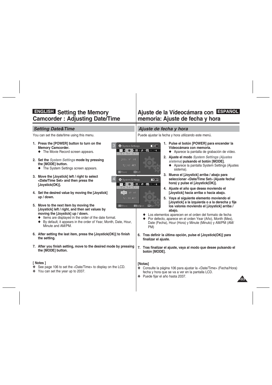 Setting date&time, Ajuste de fecha y hora, English español | Samsung VP-MM11S User Manual | Page 104 / 139