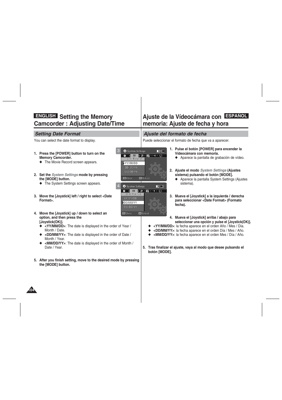 Setting date format, Ajuste del formato de fecha, English español | Samsung VP-MM11S User Manual | Page 105 / 139