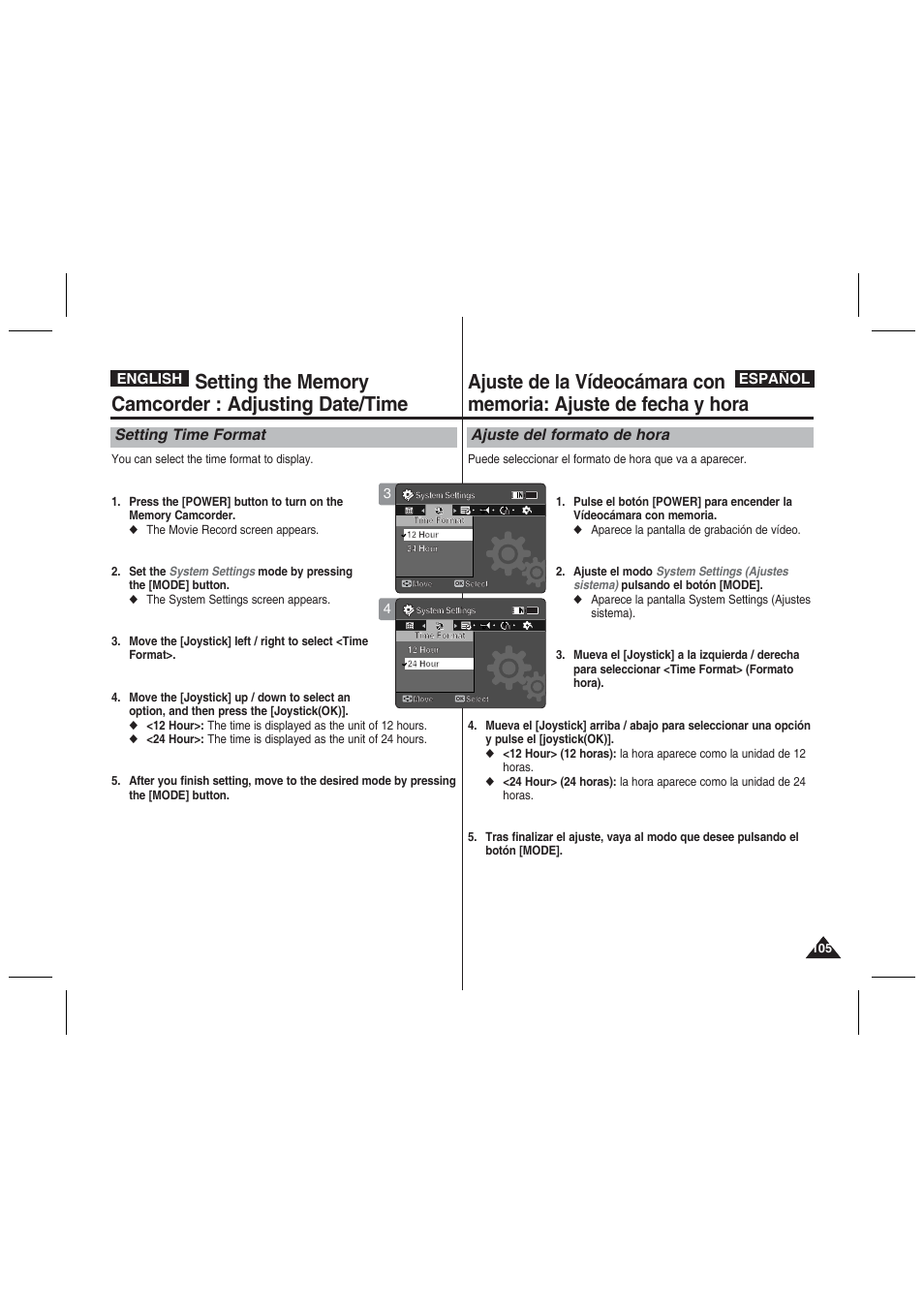 Setting time format, Ajuste del formato de hora, English español | Samsung VP-MM11S User Manual | Page 106 / 139