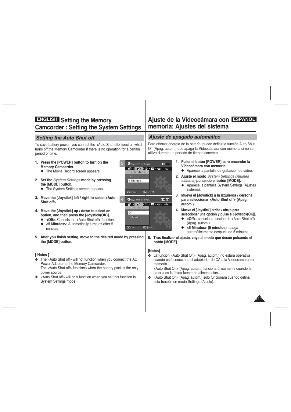 Setting the auto shut off, Ajuste de apagado automático, English español | Samsung VP-MM11S User Manual | Page 112 / 139