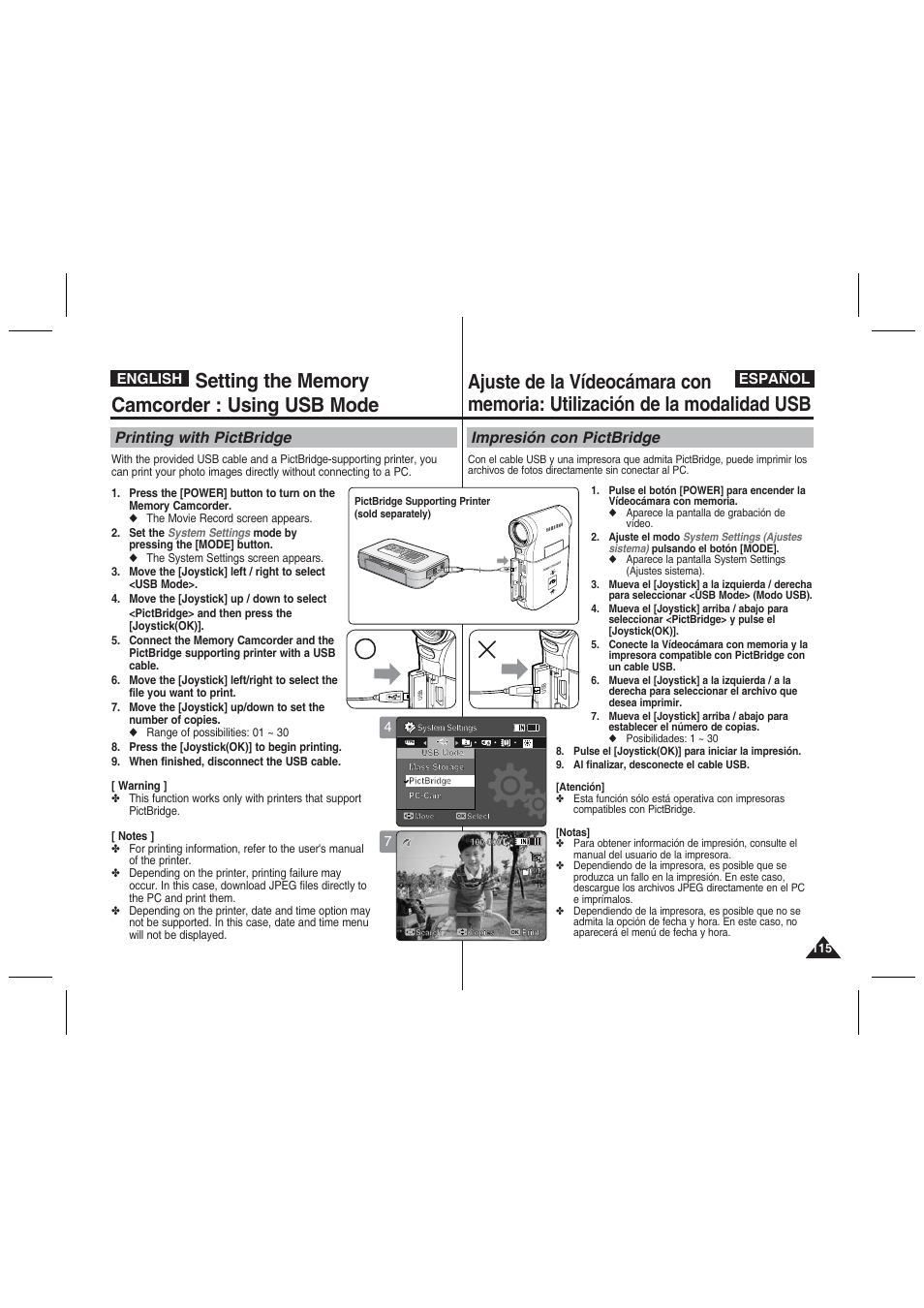 Printing with pictbridge, Impresión con pictbridge, English español | Samsung VP-MM11S User Manual | Page 116 / 139