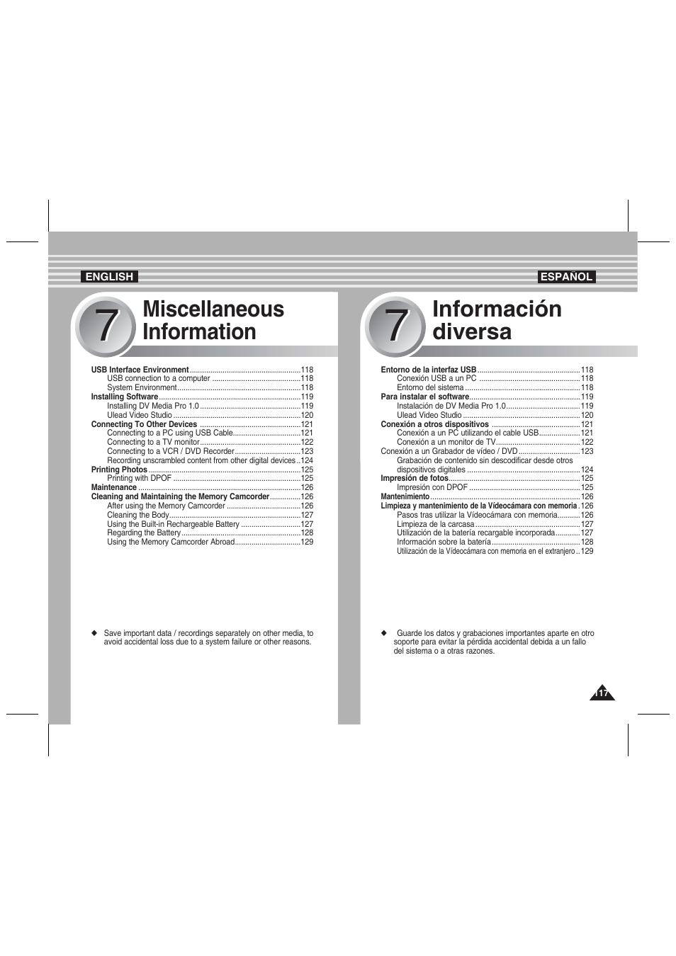 Miscellaneous information, Información diversa | Samsung VP-MM11S User Manual | Page 118 / 139