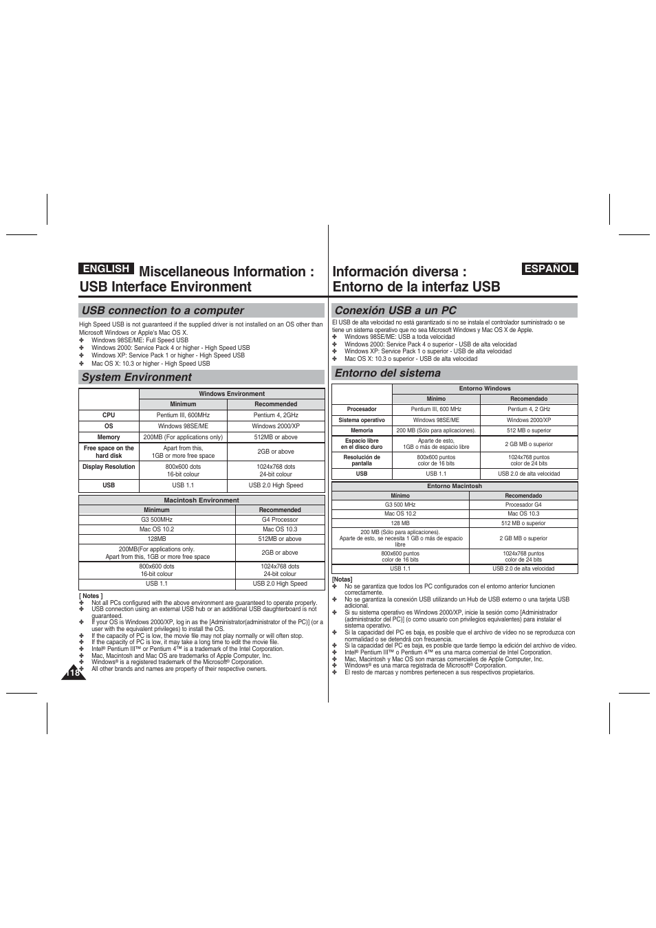 Información diversa : entorno de la interfaz usb, Usb connection to a computer, System environment | Conexión usb a un pc, Entorno del sistema, English español | Samsung VP-MM11S User Manual | Page 119 / 139