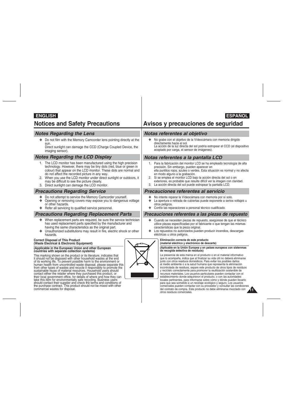 Notices and safety precautions, Avisos y precauciones de seguridad, Notas referentes al objetivo | Notas referentes a la pantalla lcd | Samsung VP-MM11S User Manual | Page 12 / 139