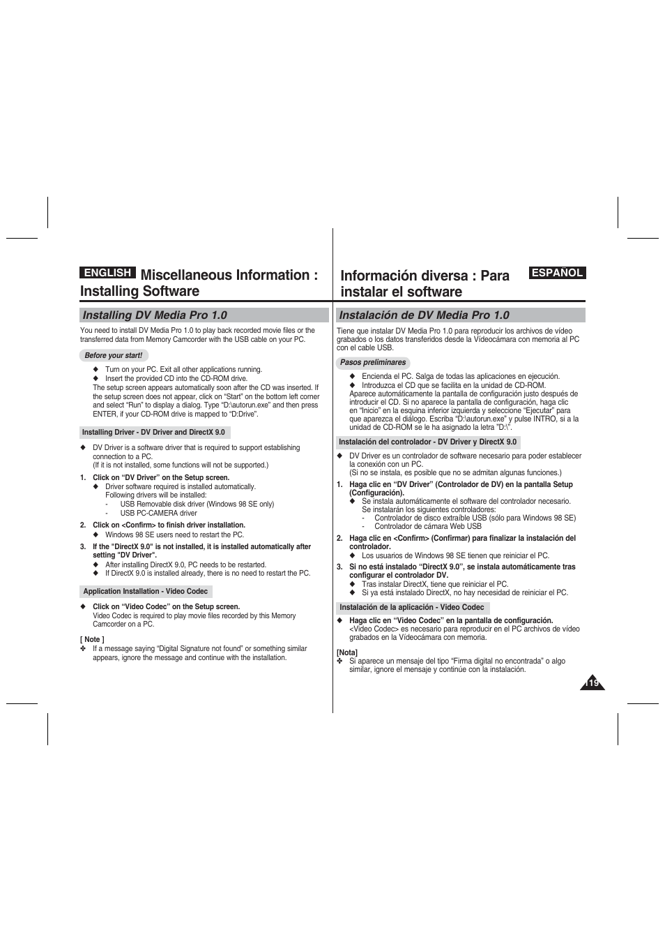 Miscellaneous information : installing software, Información diversa : para instalar el software, Installing dv media pro 1.0 | Instalación de dv media pro 1.0 | Samsung VP-MM11S User Manual | Page 120 / 139