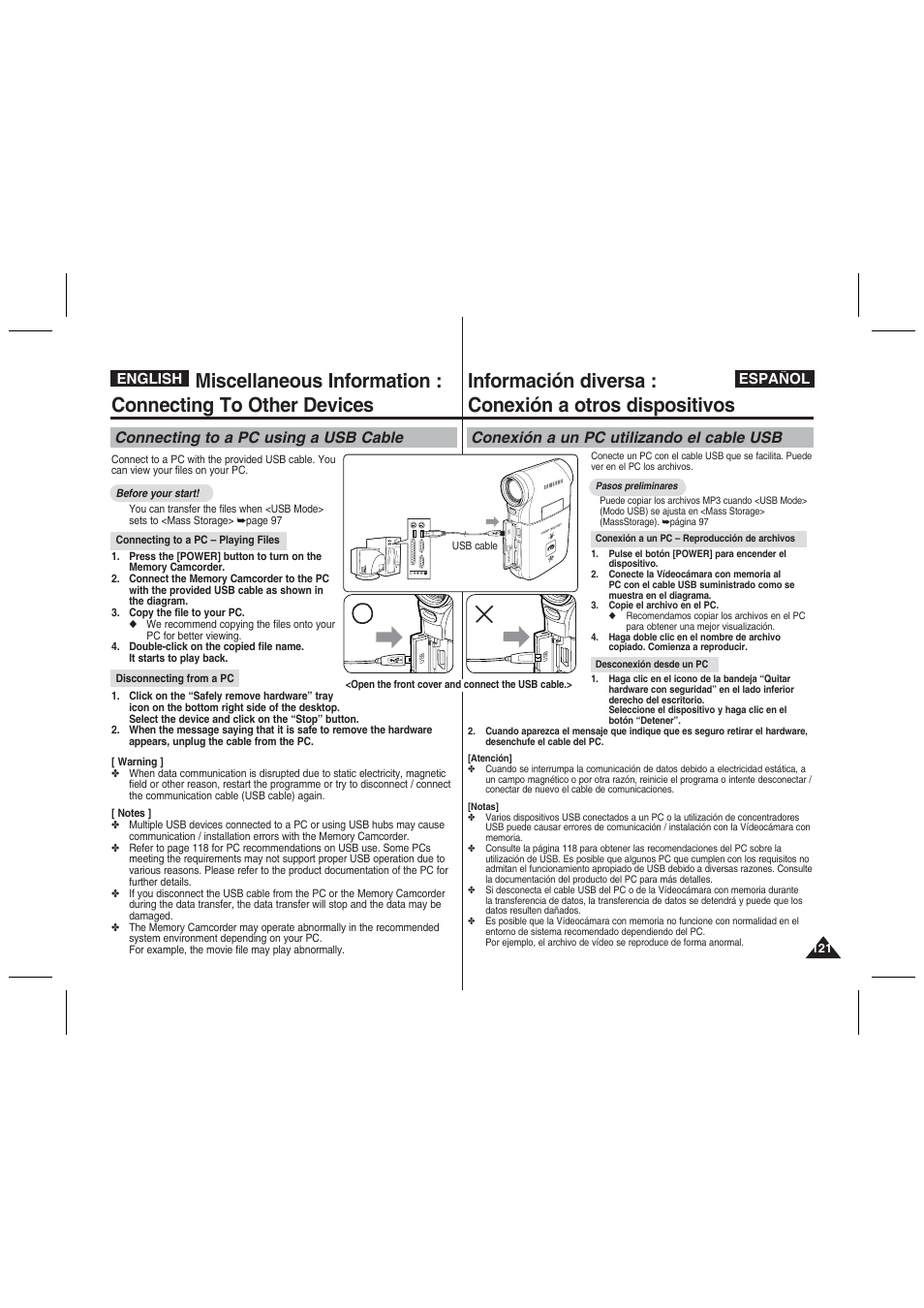 Connecting to a pc using a usb cable, Conexión a un pc utilizando el cable usb, English español | Samsung VP-MM11S User Manual | Page 122 / 139