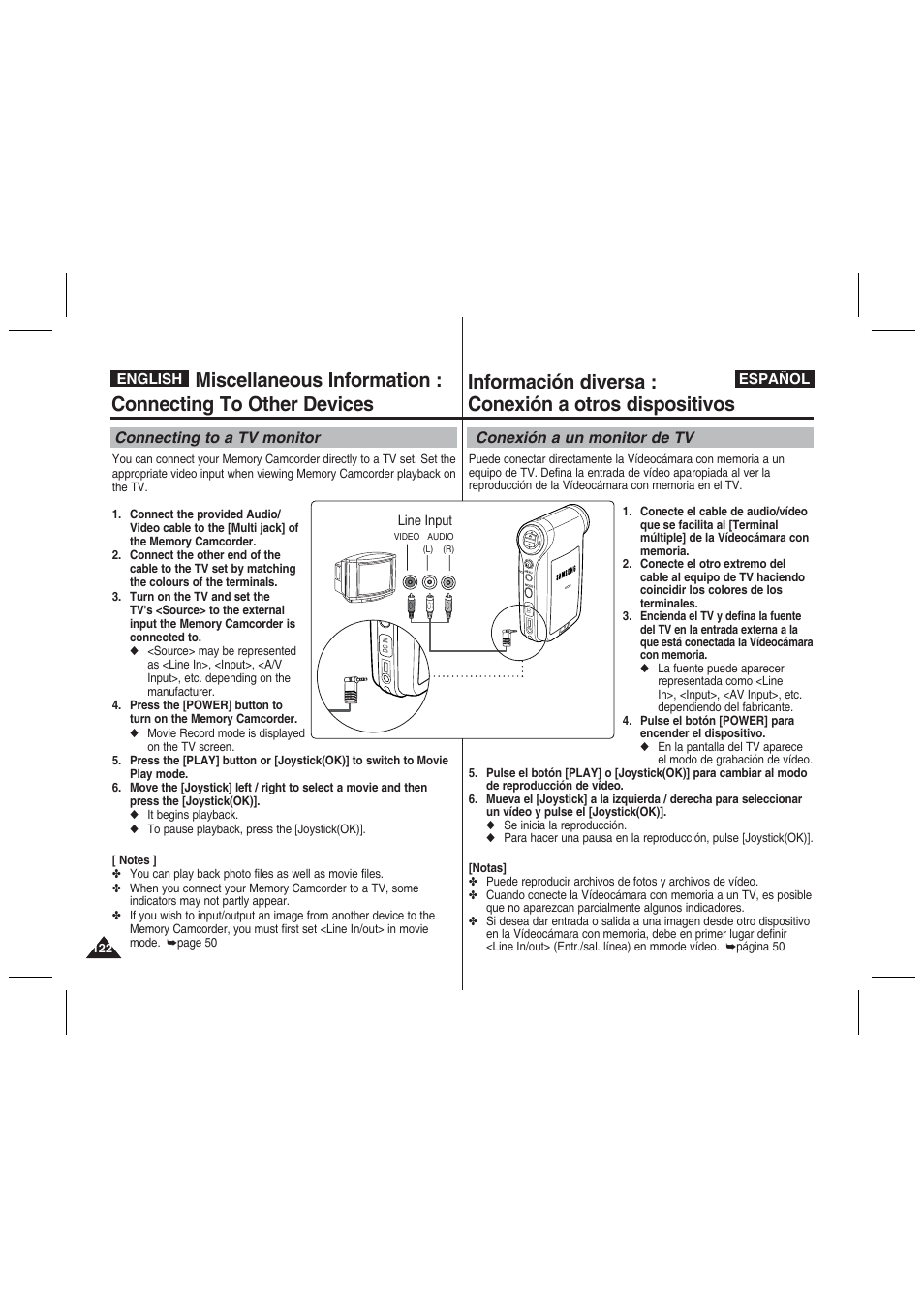 Connecting to a tv monitor, Conexión a un monitor de tv | Samsung VP-MM11S User Manual | Page 123 / 139