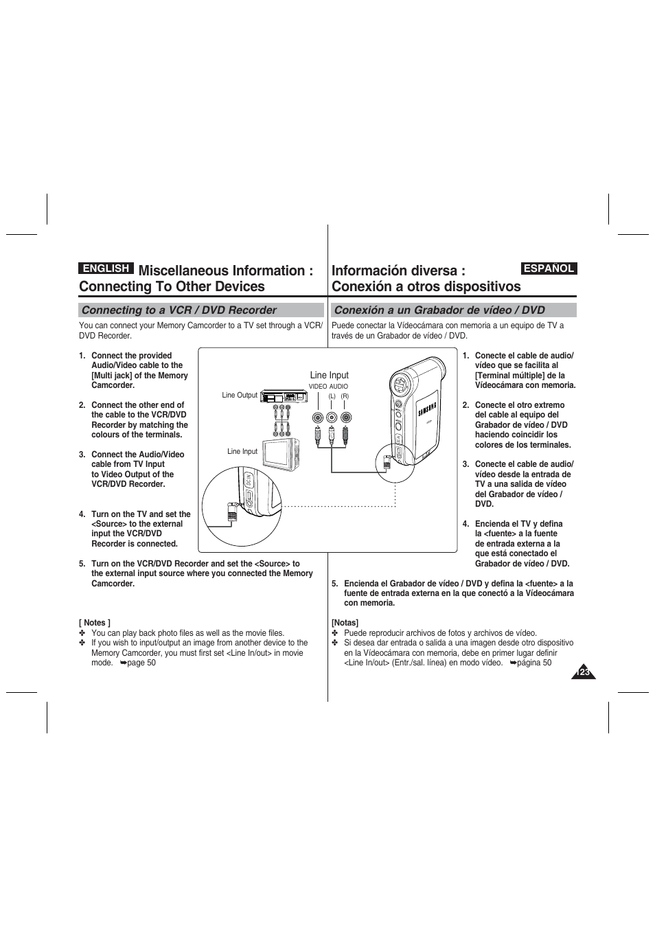 Connecting to a vcr / dvd recorder, Conexión a un grabador de vídeo / dvd | Samsung VP-MM11S User Manual | Page 124 / 139