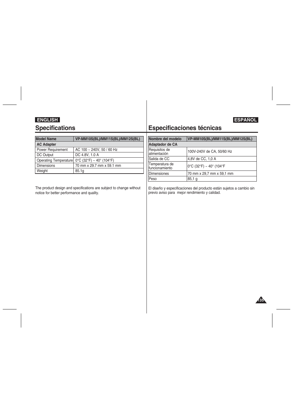 Specifications, Especificaciones técnicas | Samsung VP-MM11S User Manual | Page 136 / 139