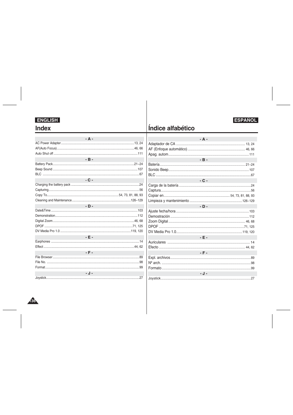 Index, Índice alfabético | Samsung VP-MM11S User Manual | Page 137 / 139