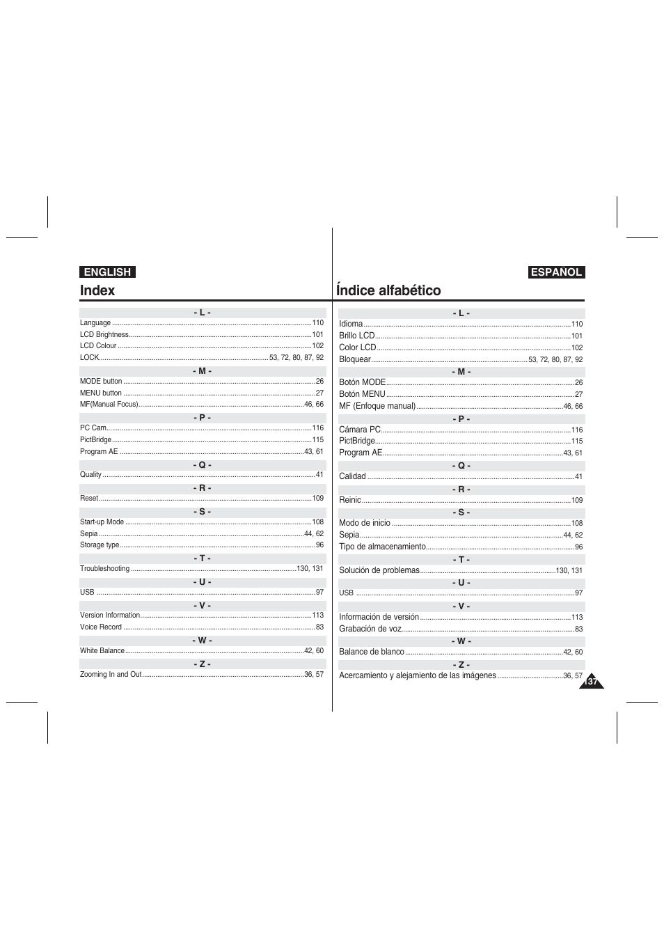 Index, Índice alfabético | Samsung VP-MM11S User Manual | Page 138 / 139