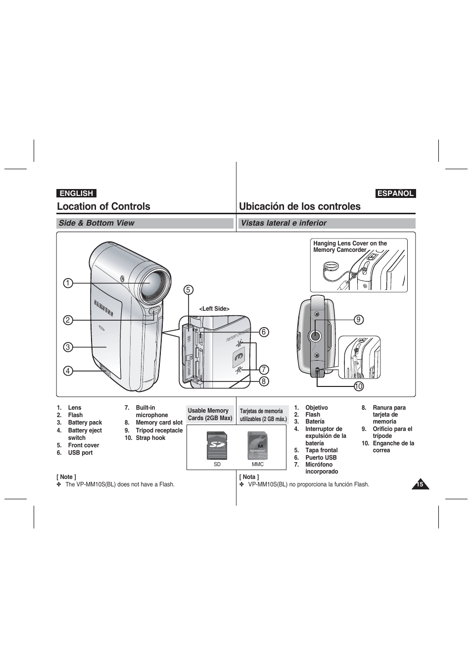 Location of controls, Ubicación de los controles | Samsung VP-MM11S User Manual | Page 16 / 139