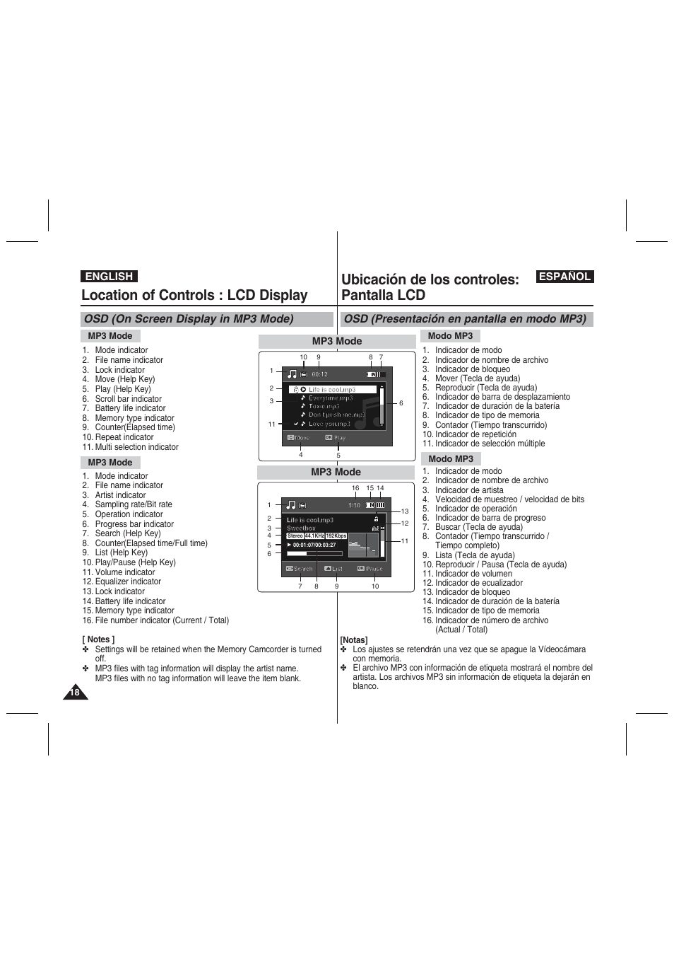 Location of controls : lcd display, Ubicación de los controles: pantalla lcd, Osd (on screen display in mp3 mode) | Osd (presentación en pantalla en modo mp3), English español | Samsung VP-MM11S User Manual | Page 19 / 139