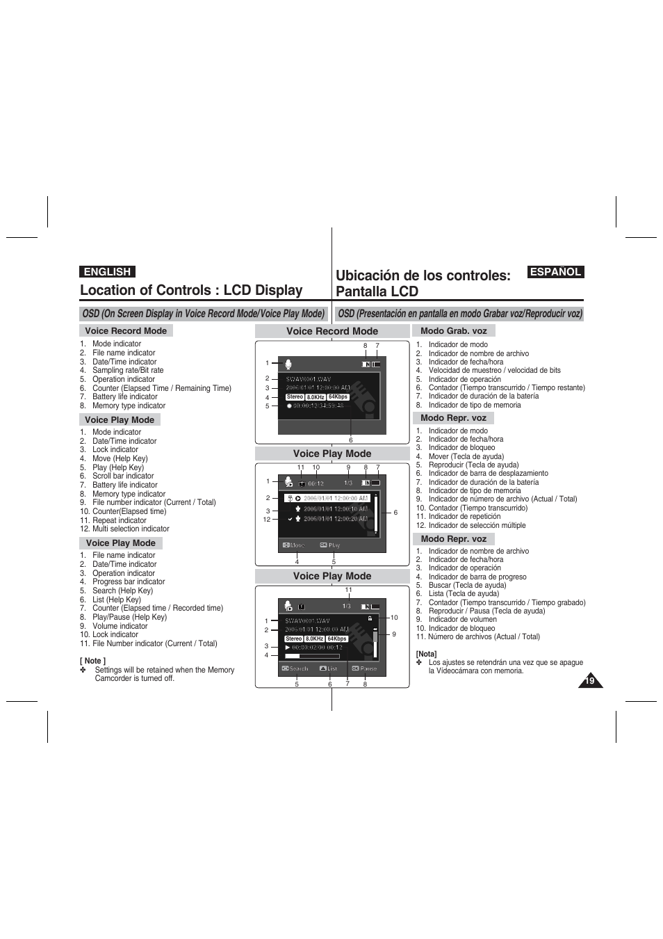 Location of controls : lcd display, Ubicación de los controles: pantalla lcd, English español | Voice record mode, Voice play mode | Samsung VP-MM11S User Manual | Page 20 / 139