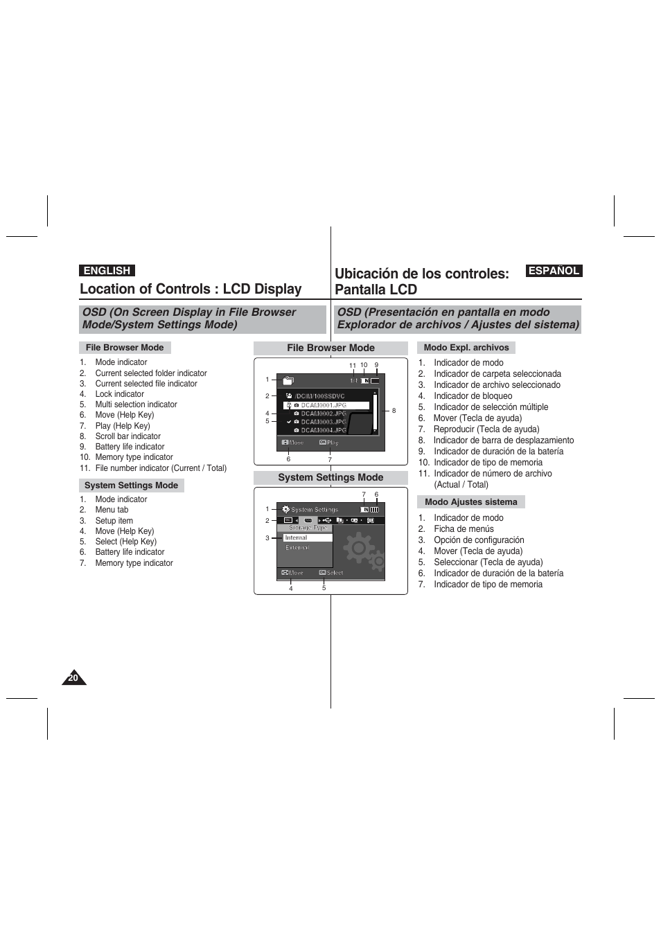 Location of controls : lcd display, Ubicación de los controles: pantalla lcd, English español | System settings mode, File browser mode | Samsung VP-MM11S User Manual | Page 21 / 139