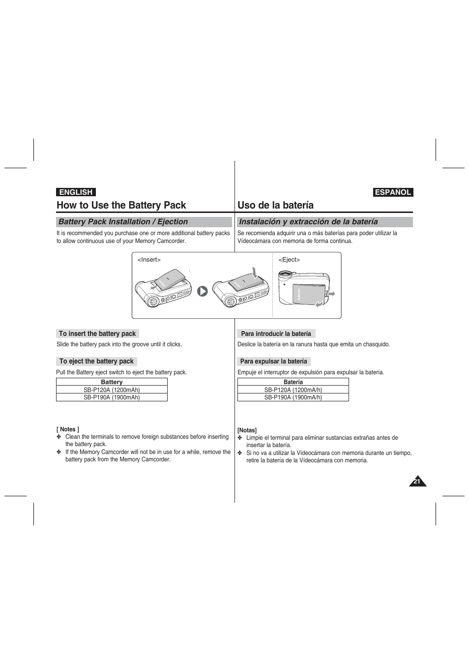 How to use the battery pack, Uso de la batería | Samsung VP-MM11S User Manual | Page 22 / 139