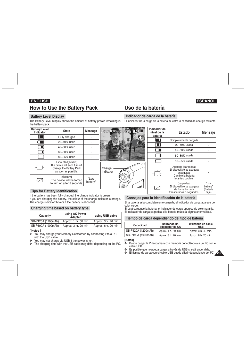 How to use the battery pack, Uso de la batería | Samsung VP-MM11S User Manual | Page 24 / 139