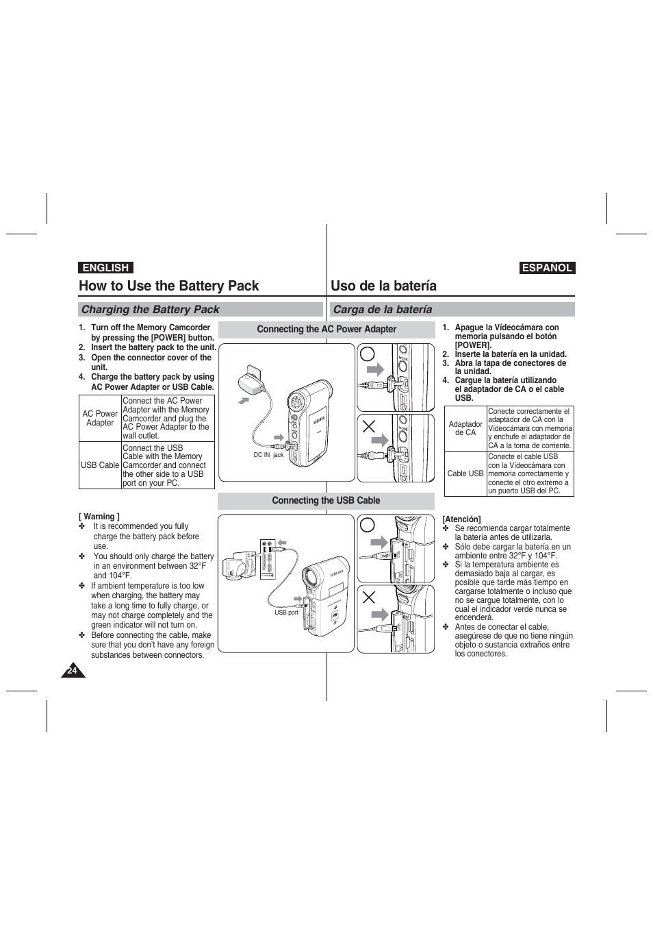 How to use the battery pack, Uso de la batería, Charging the battery pack | Carga de la batería | Samsung VP-MM11S User Manual | Page 25 / 139