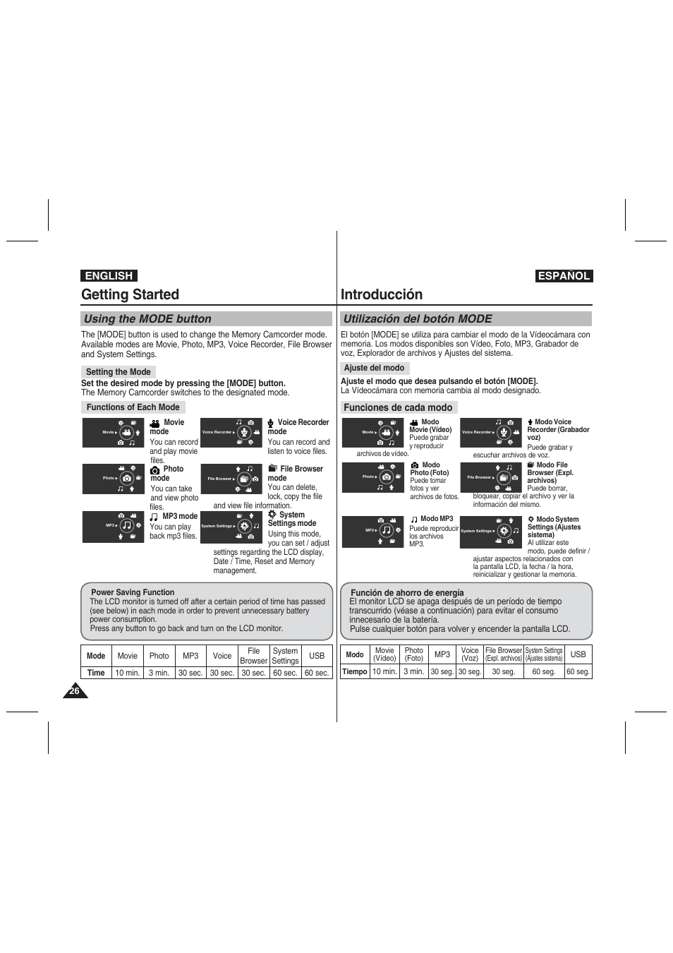 Getting started, Introducción, Using the mode button | Utilización del botón mode, English español | Samsung VP-MM11S User Manual | Page 27 / 139