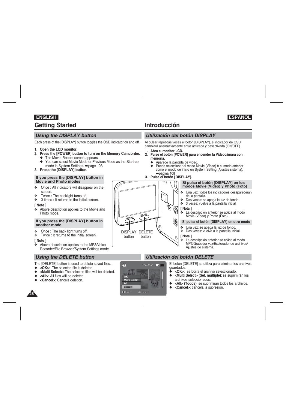 Getting started, Introducción, Using the display button using the delete button | Samsung VP-MM11S User Manual | Page 29 / 139