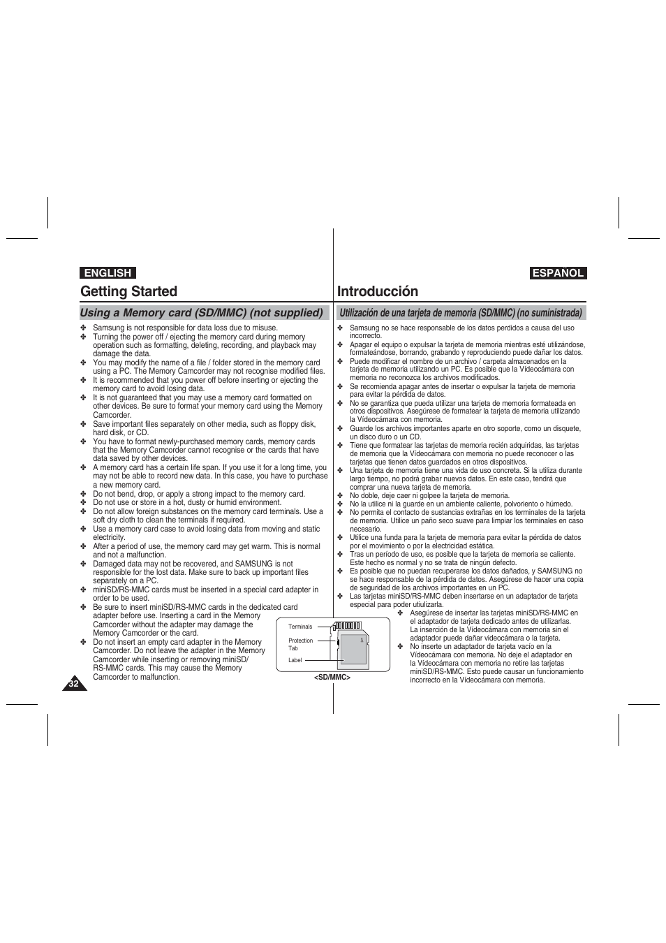 Getting started, Introducción | Samsung VP-MM11S User Manual | Page 33 / 139