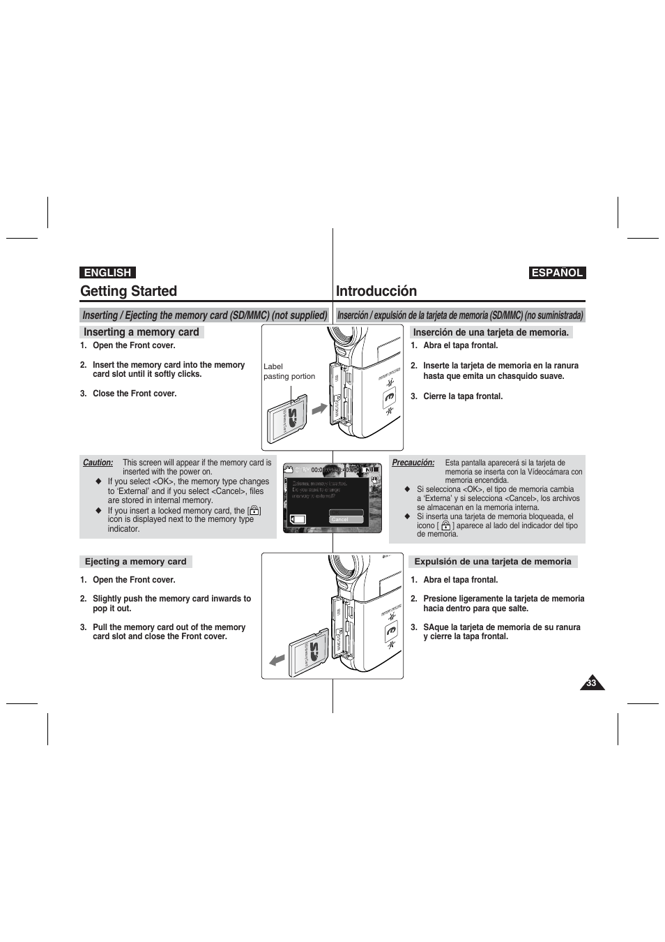 Getting started, Introducción, English español | Samsung VP-MM11S User Manual | Page 34 / 139