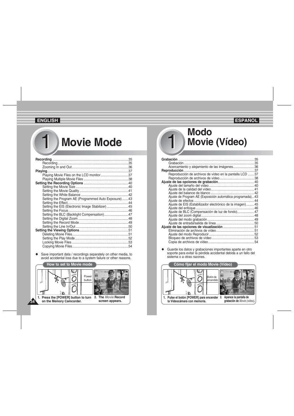 Movie mode, Modo movie (vídeo) | Samsung VP-MM11S User Manual | Page 35 / 139