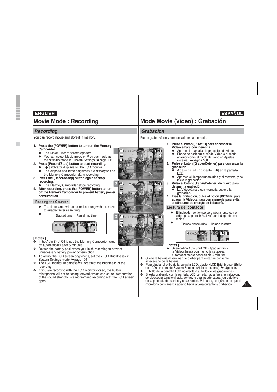 Movie mode : recording, Mode movie (vídeo) : grabación, Recording | Grabación, English español, Lectura del contador 1 2 3 | Samsung VP-MM11S User Manual | Page 36 / 139