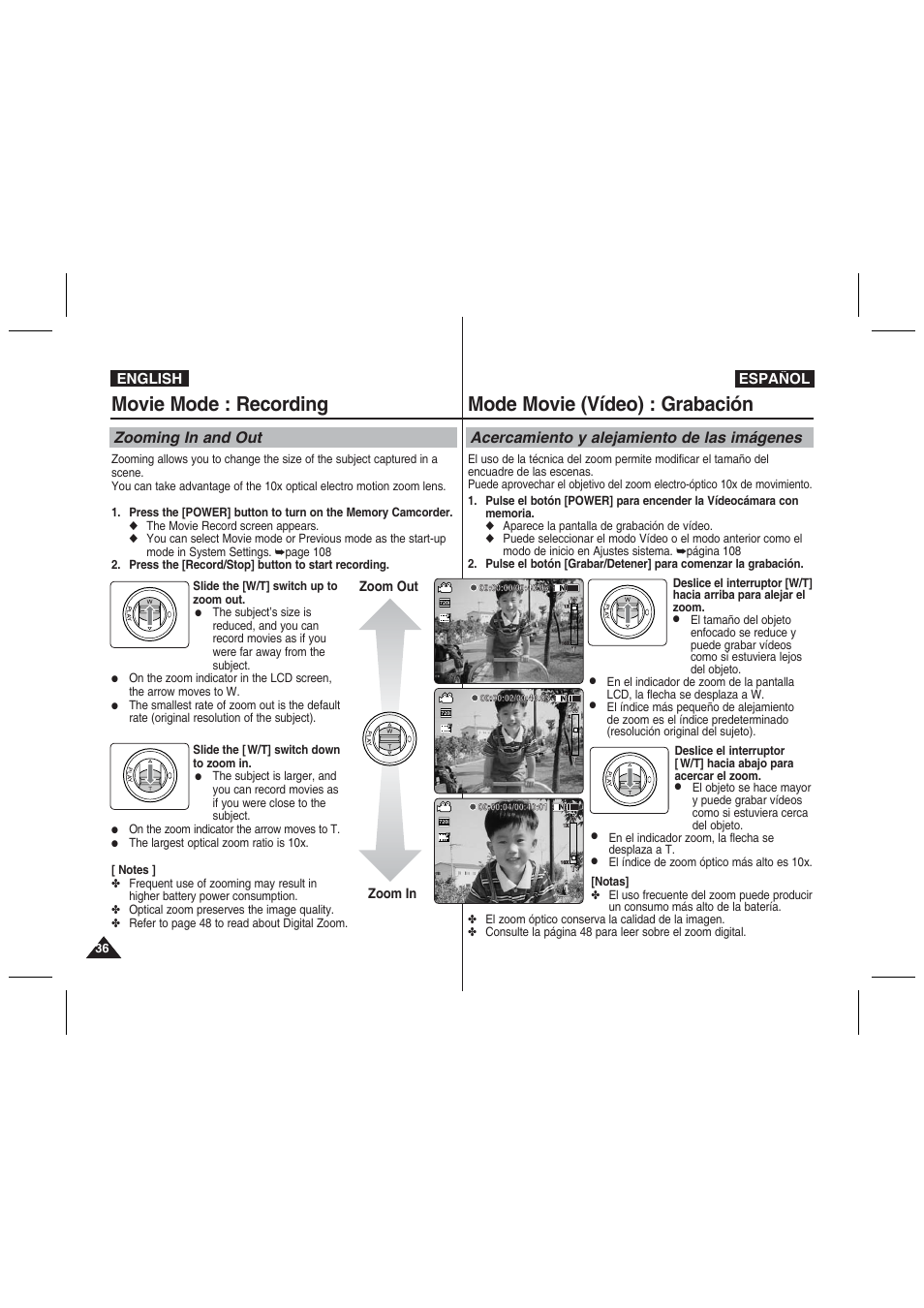 Movie mode : recording, Mode movie (vídeo) : grabación, Zooming in and out | Acercamiento y alejamiento de las imágenes, English español, Zoom in zoom out | Samsung VP-MM11S User Manual | Page 37 / 139