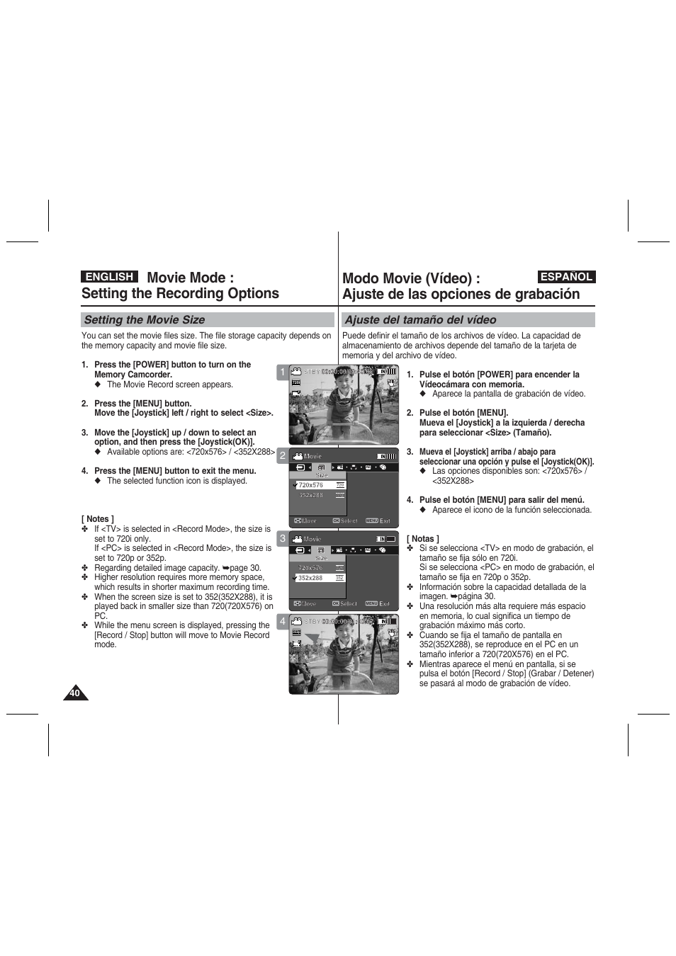 Movie mode : setting the recording options, Setting the movie size, Ajuste del tamaño del vídeo | English español | Samsung VP-MM11S User Manual | Page 41 / 139