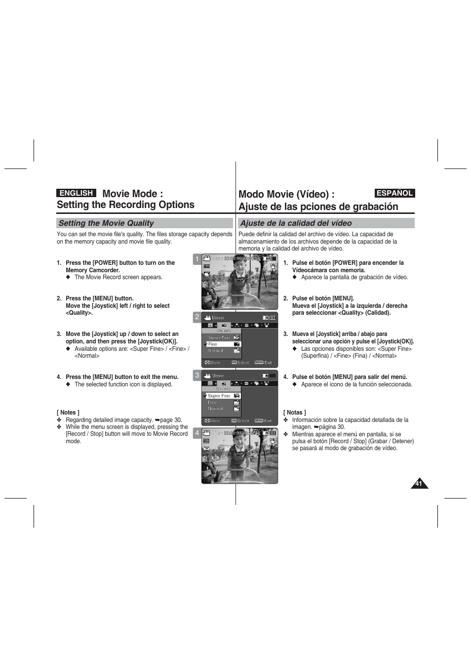 Movie mode : setting the recording options, Setting the movie quality, Ajuste de la calidad del vídeo | English español | Samsung VP-MM11S User Manual | Page 42 / 139