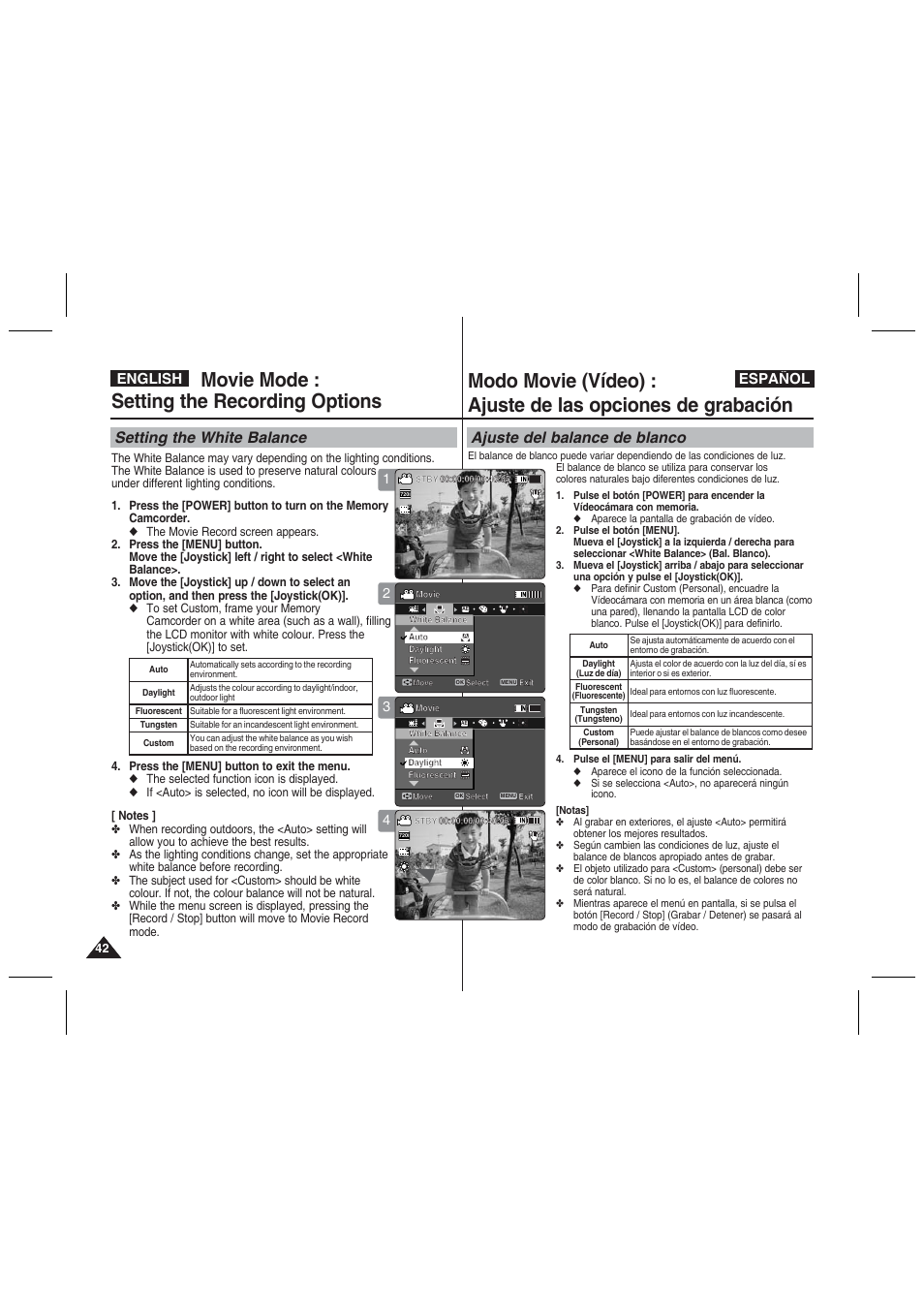 Movie mode : setting the recording options, Setting the white balance, Ajuste del balance de blanco | English español | Samsung VP-MM11S User Manual | Page 43 / 139