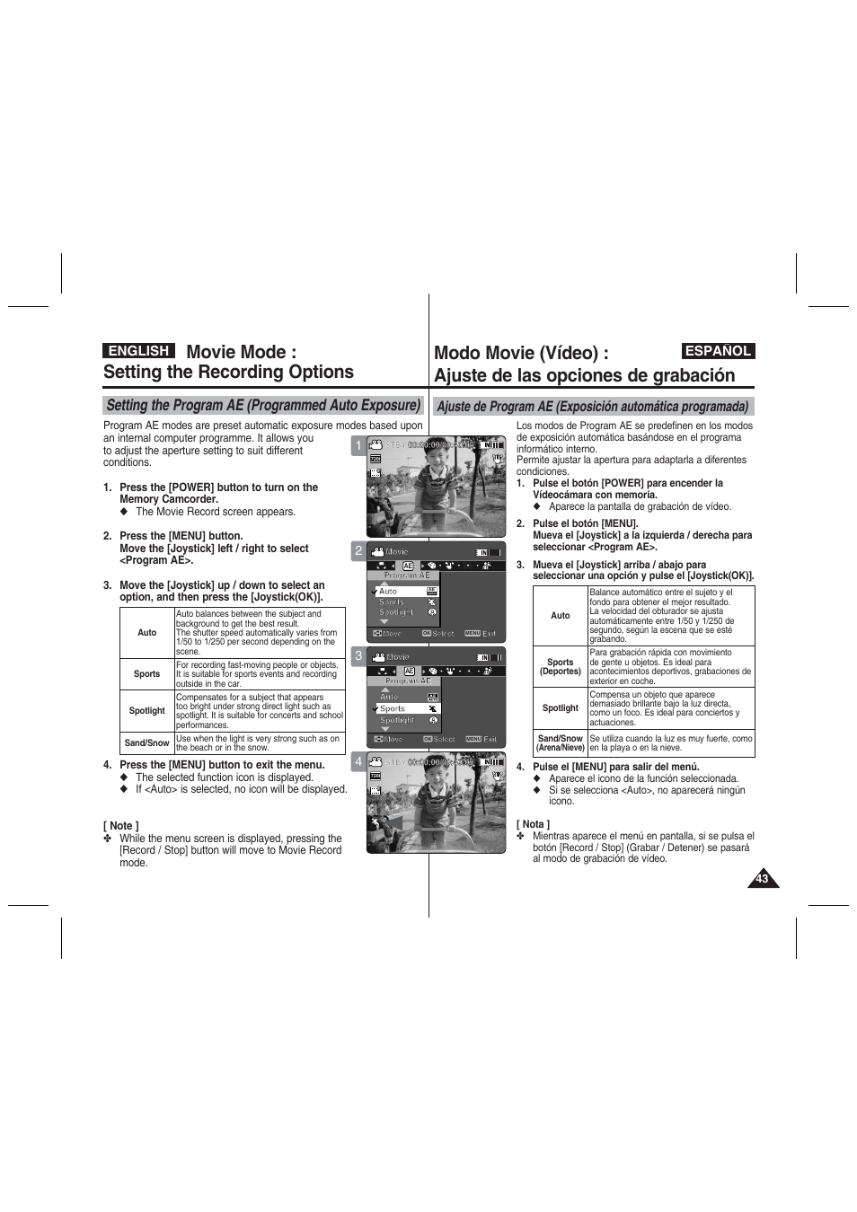 Movie mode : setting the recording options, Setting the program ae (programmed auto exposure), English español | Samsung VP-MM11S User Manual | Page 44 / 139