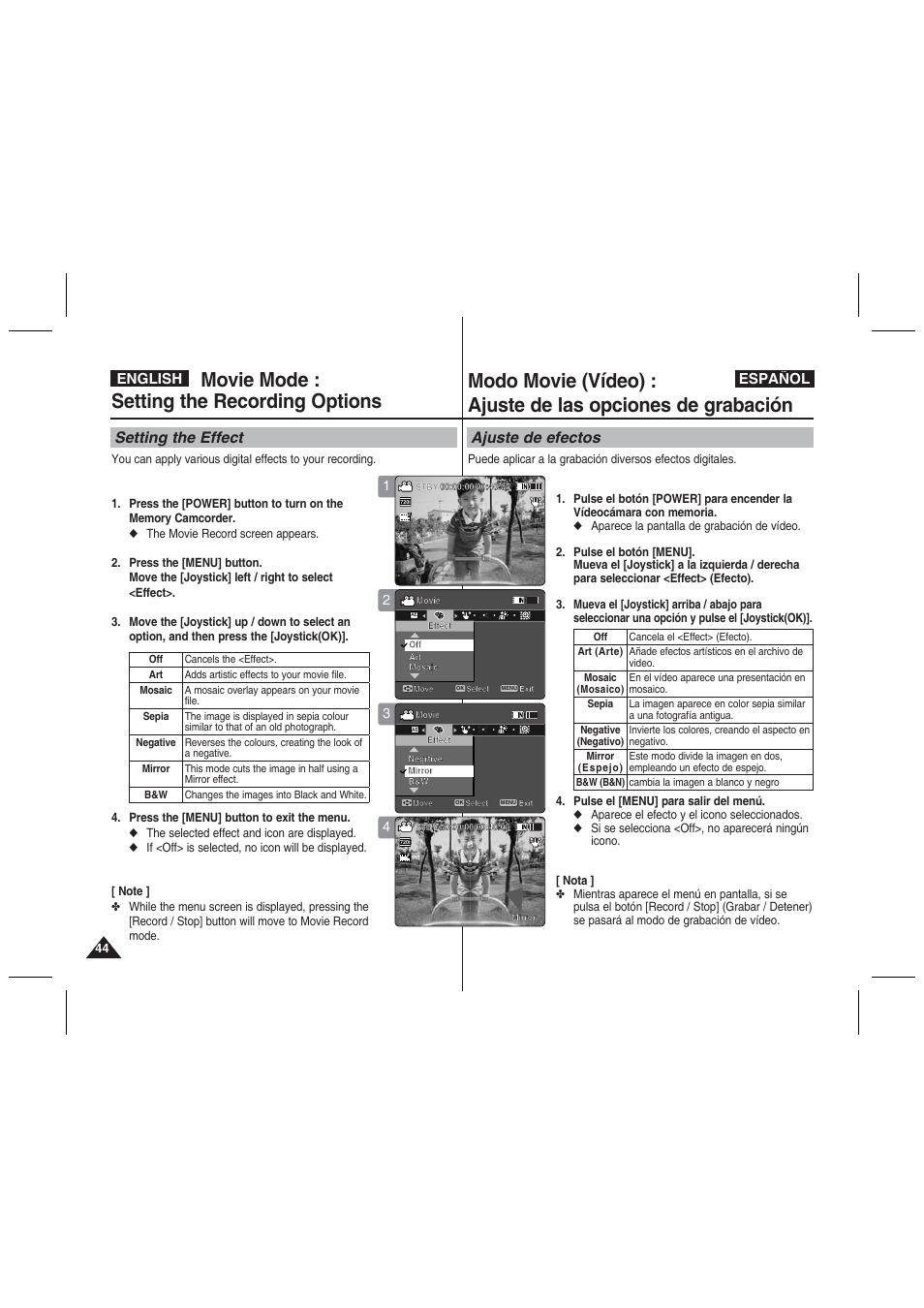 Movie mode : setting the recording options, Setting the effect, Ajuste de efectos | English español | Samsung VP-MM11S User Manual | Page 45 / 139