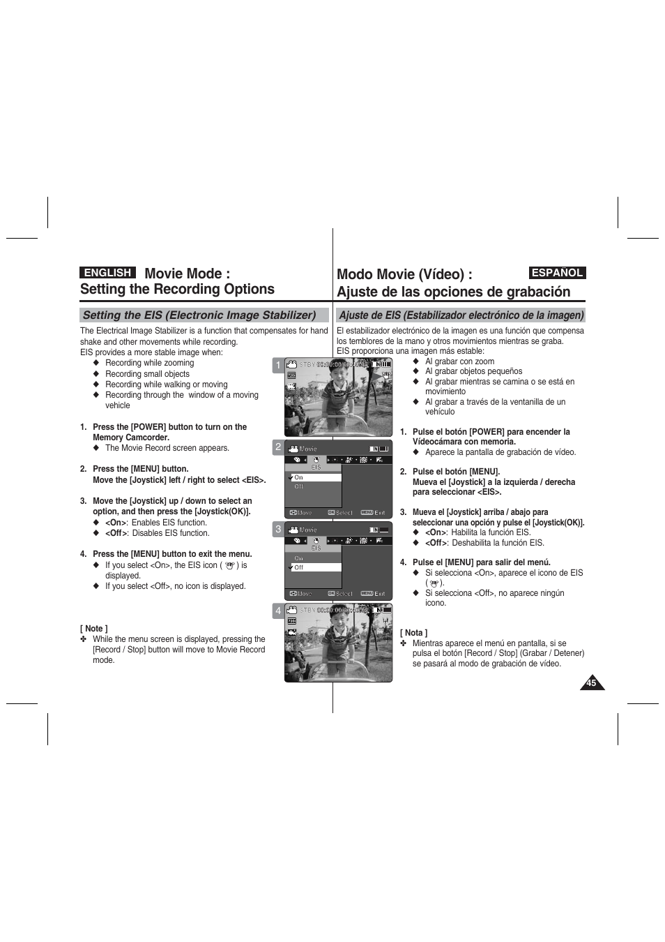 Movie mode : setting the recording options, Setting the eis (electronic image stabilizer), English español | Samsung VP-MM11S User Manual | Page 46 / 139