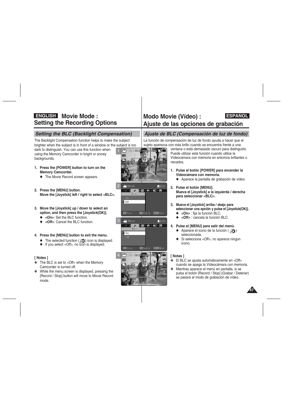 Movie mode : setting the recording options, Setting the blc (backlight compensation), Ajuste de blc (compensación de luz de fondo) | English español | Samsung VP-MM11S User Manual | Page 48 / 139