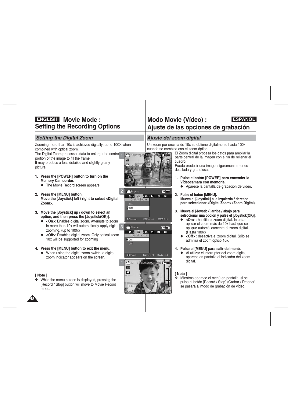 Movie mode : setting the recording options, Setting the digital zoom, Ajuste del zoom digital | English español | Samsung VP-MM11S User Manual | Page 49 / 139