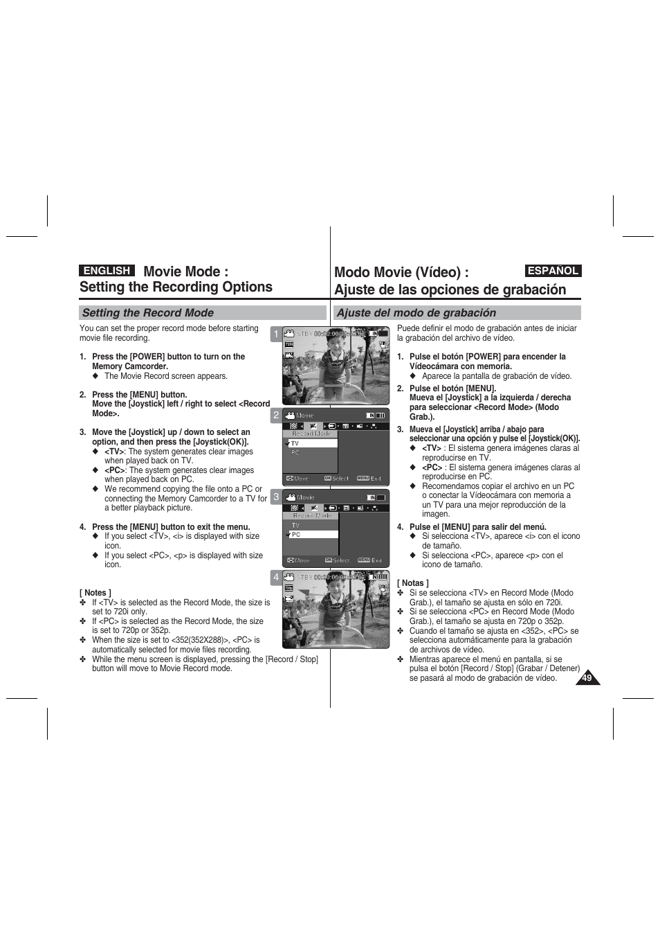 Movie mode : setting the recording options, Setting the record mode, Ajuste del modo de grabación | English español | Samsung VP-MM11S User Manual | Page 50 / 139