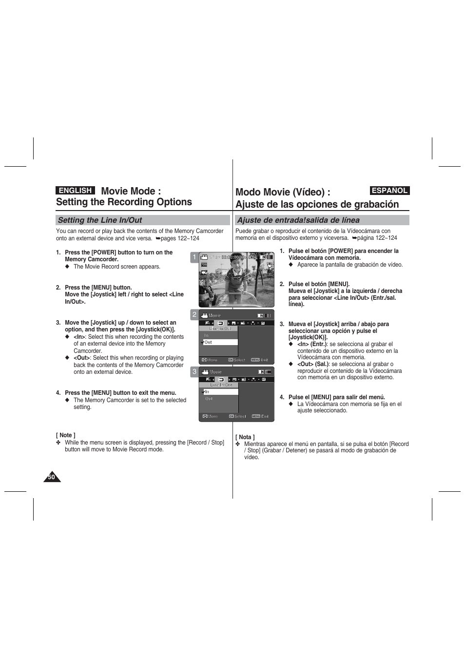 Movie mode : setting the recording options, Setting the line in/out, Ajuste de entrada!salida de línea | English español | Samsung VP-MM11S User Manual | Page 51 / 139