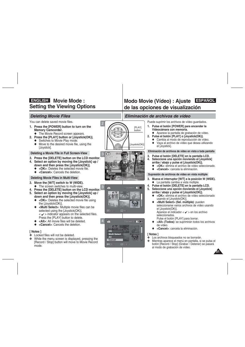 Movie mode : setting the viewing options, Deleting movie files, Eliminación de archivos de vídeo | English español | Samsung VP-MM11S User Manual | Page 52 / 139