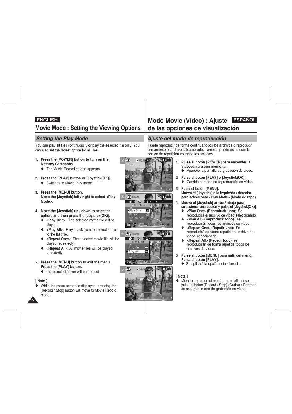 Movie mode : setting the viewing options, Setting the play mode, Ajuste del modo de reproducción | English español | Samsung VP-MM11S User Manual | Page 53 / 139