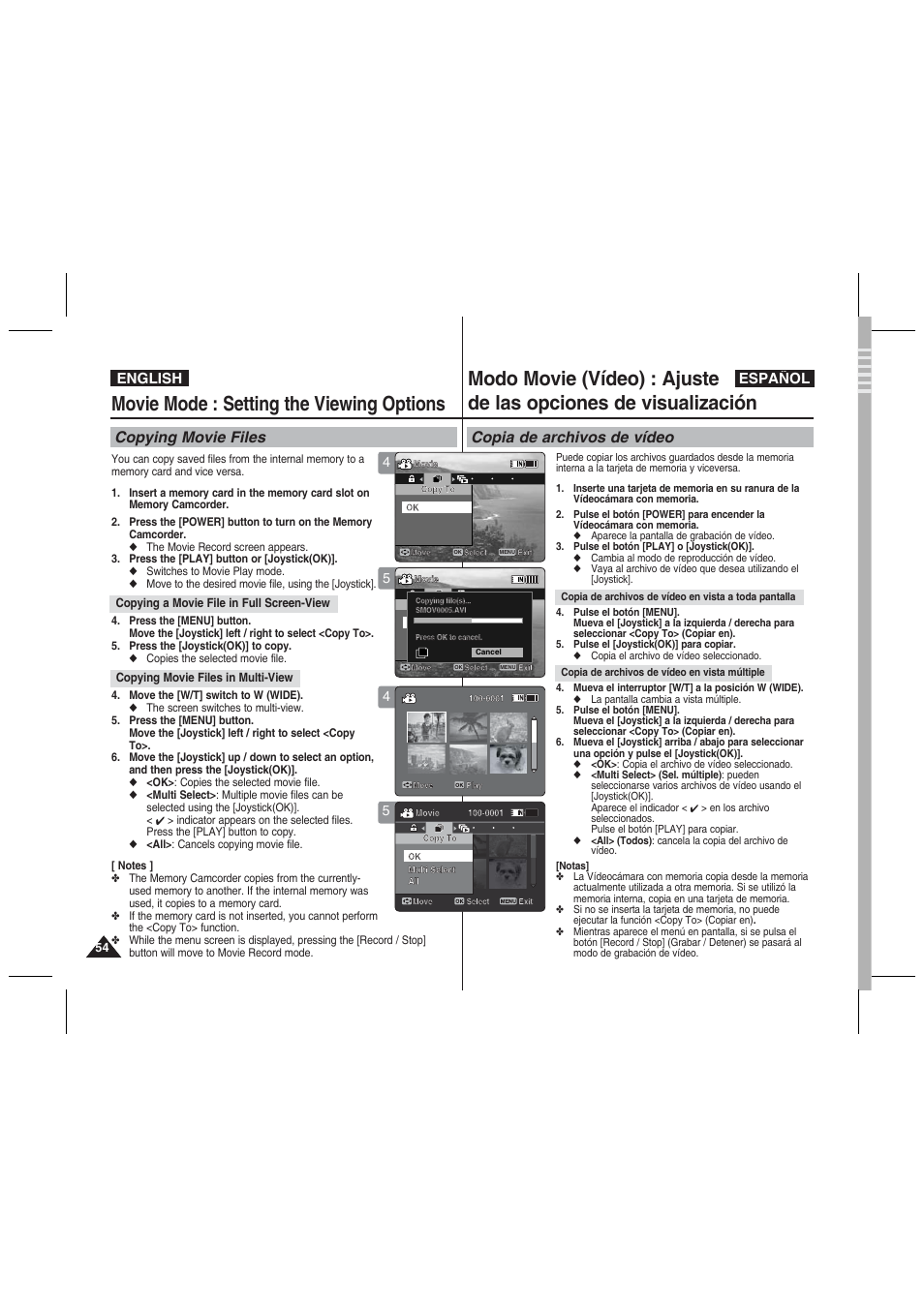 Movie mode : setting the viewing options, Copying movie files, Copia de archivos de vídeo | English español | Samsung VP-MM11S User Manual | Page 55 / 139