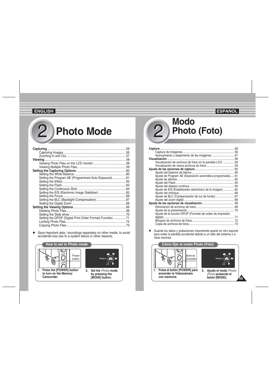 Photo mode, Modo photo (foto) | Samsung VP-MM11S User Manual | Page 56 / 139