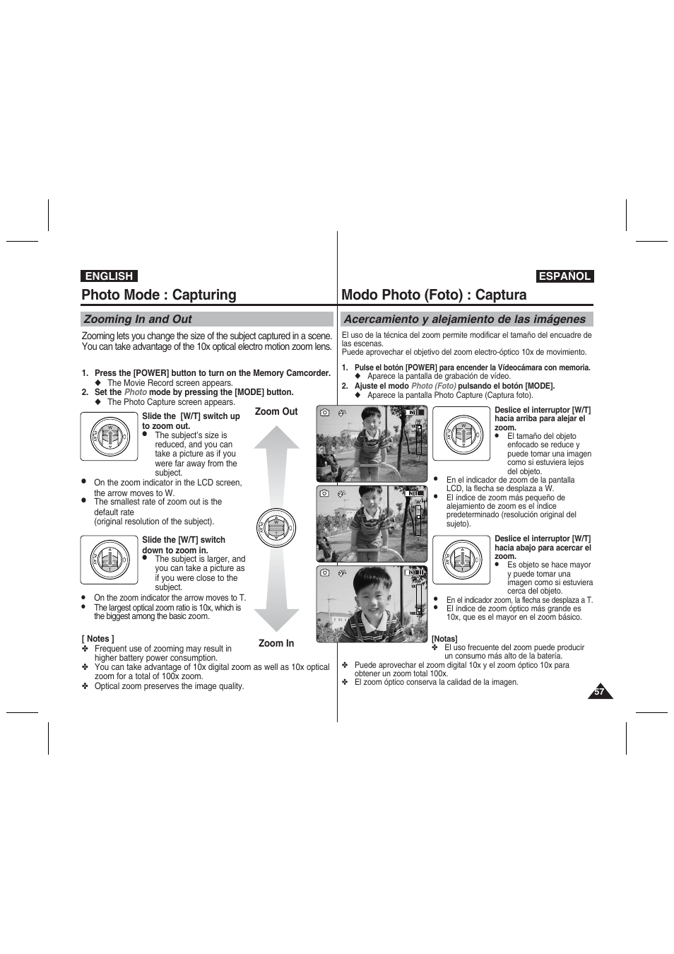 Photo mode : capturing, Modo photo (foto) : captura, Zooming in and out | Acercamiento y alejamiento de las imágenes, English español, Zoom in zoom out | Samsung VP-MM11S User Manual | Page 58 / 139