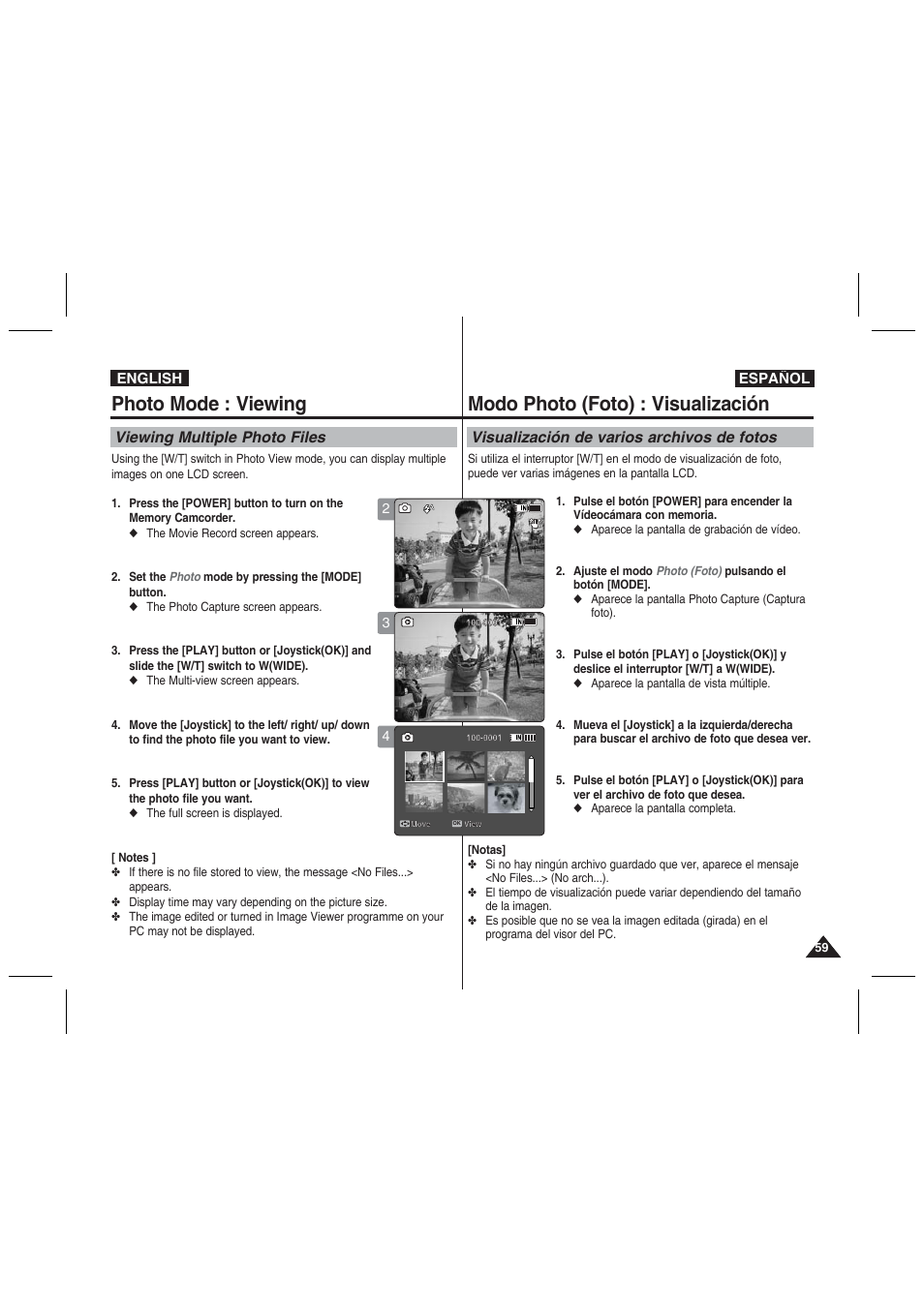 Photo mode : viewing, Modo photo (foto) : visualización, Viewing multiple photo files | Visualización de varios archivos de fotos, English español | Samsung VP-MM11S User Manual | Page 60 / 139