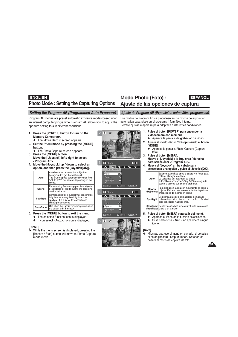 Photo mode : setting the capturing options, Setting the program ae (programmed auto exposure), English español | Samsung VP-MM11S User Manual | Page 62 / 139