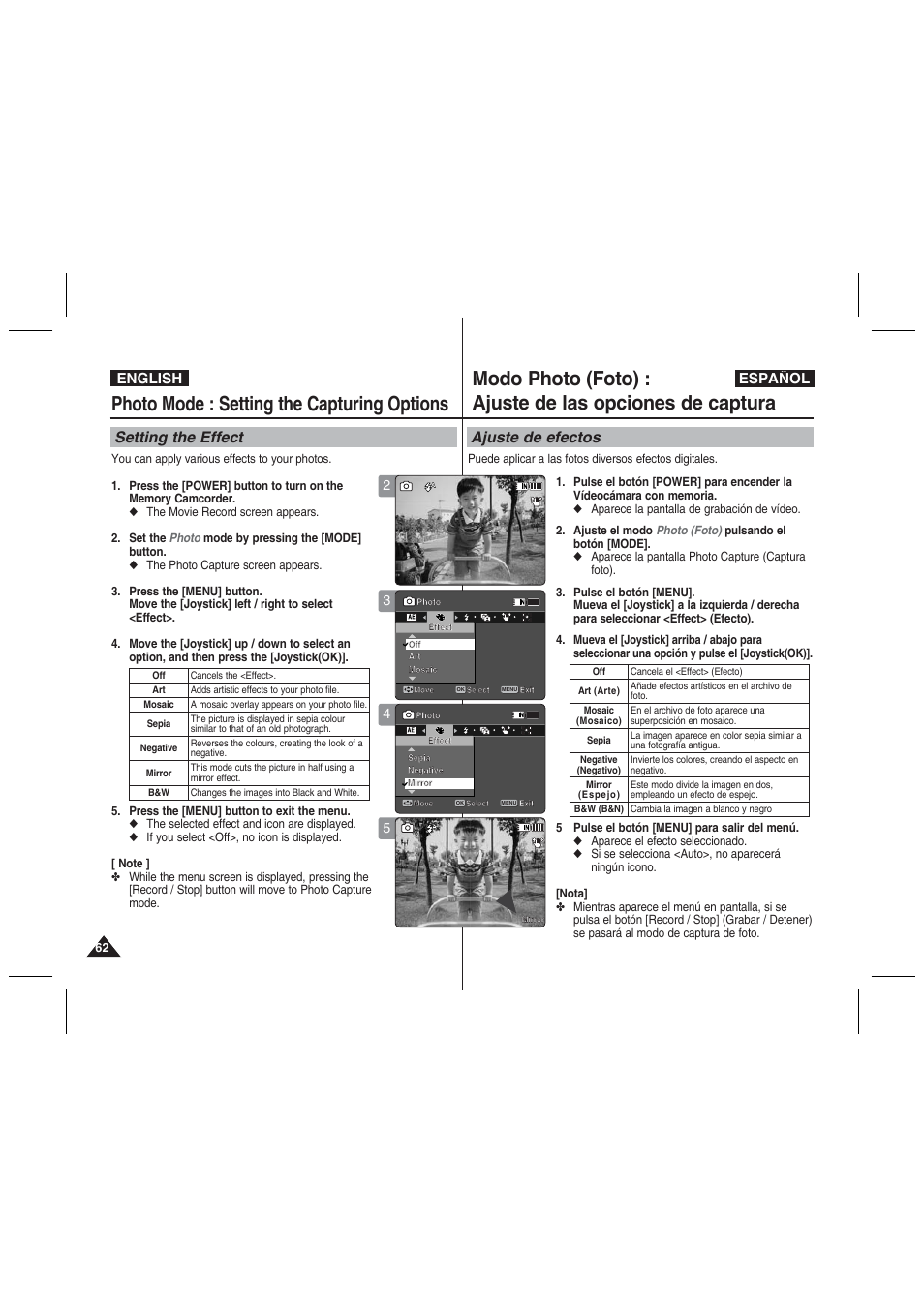 Photo mode : setting the capturing options, Setting the effect, Ajuste de efectos | English español | Samsung VP-MM11S User Manual | Page 63 / 139