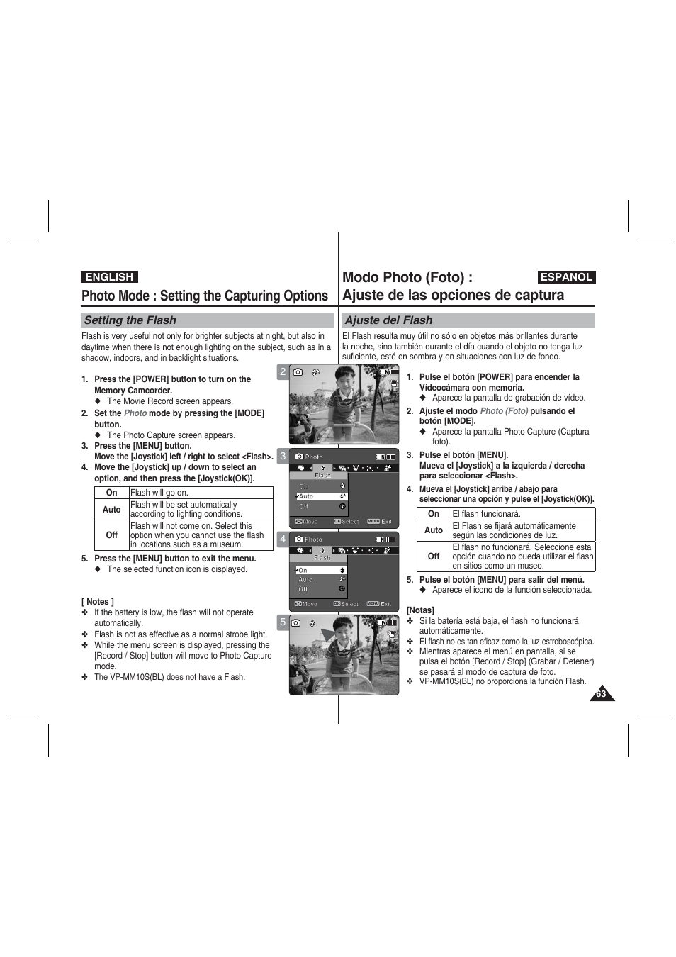 Photo mode : setting the capturing options, Setting the flash, Ajuste del flash | English español | Samsung VP-MM11S User Manual | Page 64 / 139